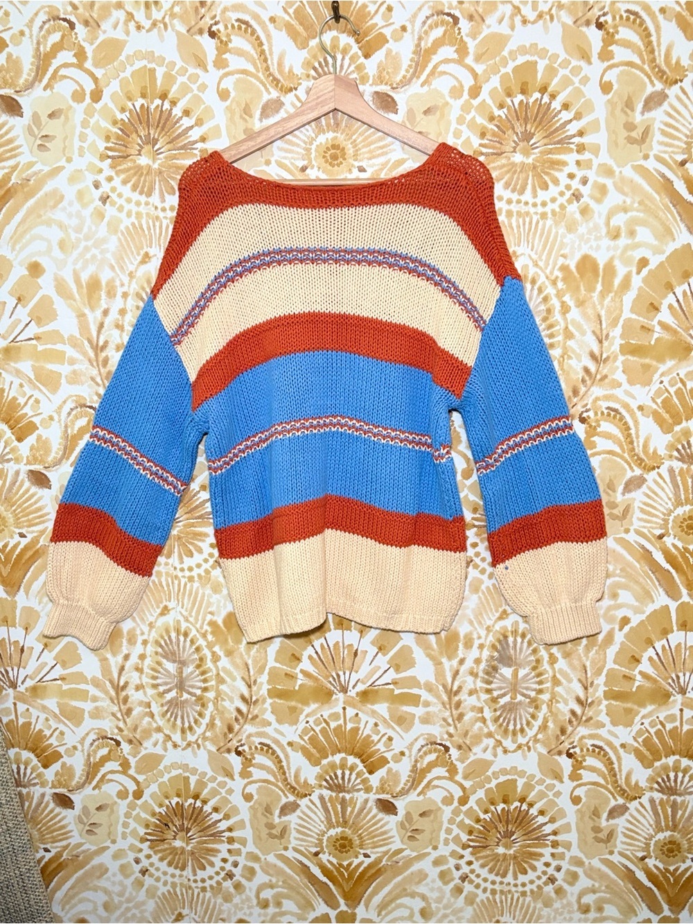 Colorblock Striped Chunky Knit Sweater | Blue Cream Rust V-Neck Boho Cozy - Picture 5 of 10